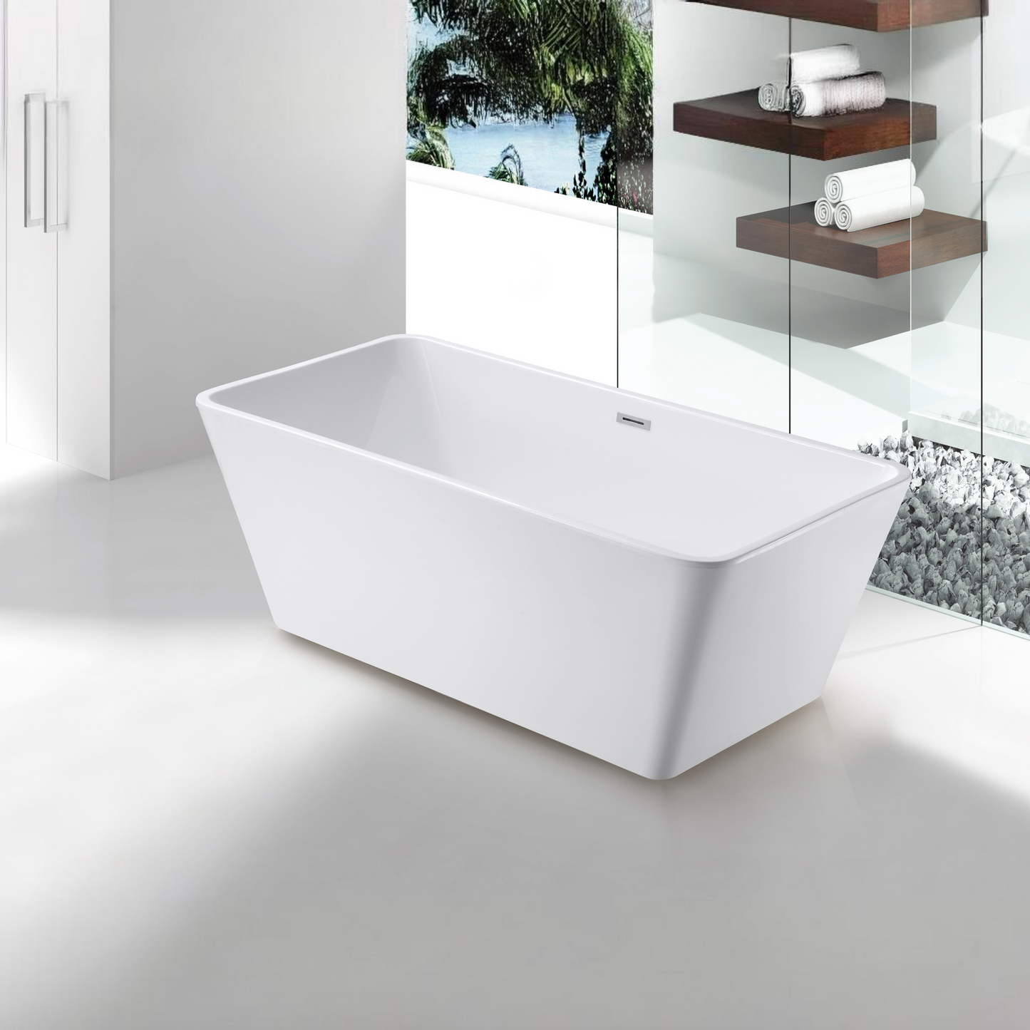 Celina 59 inch freestanding fiberglass soaking bathtub, rectangular