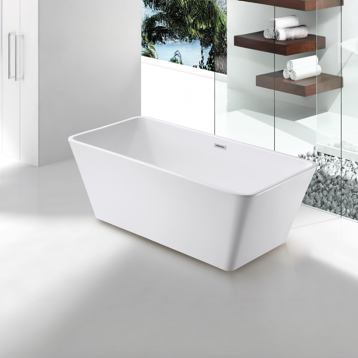Celina 59 inch freestanding fiberglass soaking bathtub, rectangular