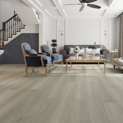 Boston Ecru waterproof SPC vinyl plank flooring, matte wood look, EIR surface, beveled edges, 60 by 9 inch planks