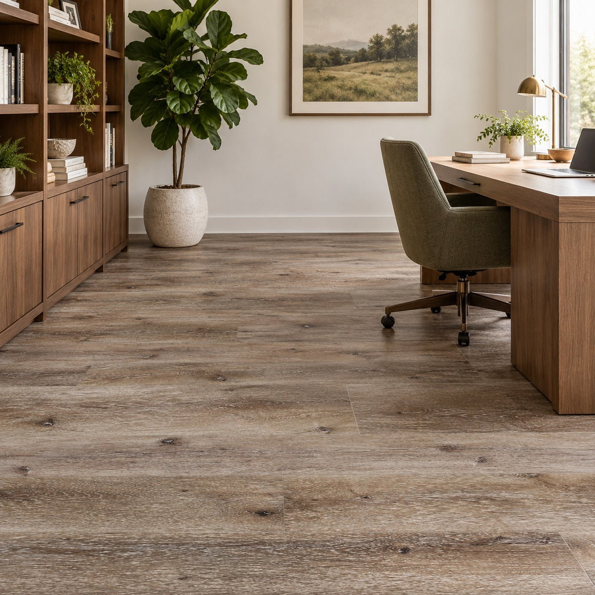 Muse Iron Grey Waterproof SPC Flooring installed in a home office