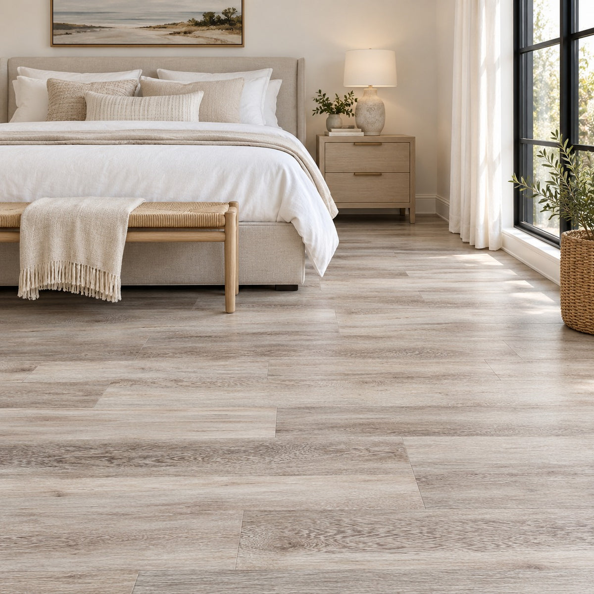 Muse Stone Waterproof SPC Flooring installed in a bedroom