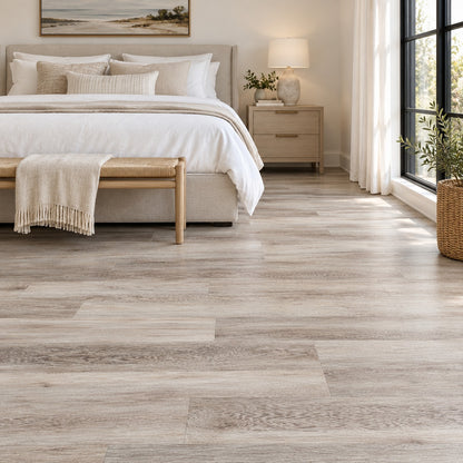 Muse Stone Waterproof SPC Flooring installed in a bedroom