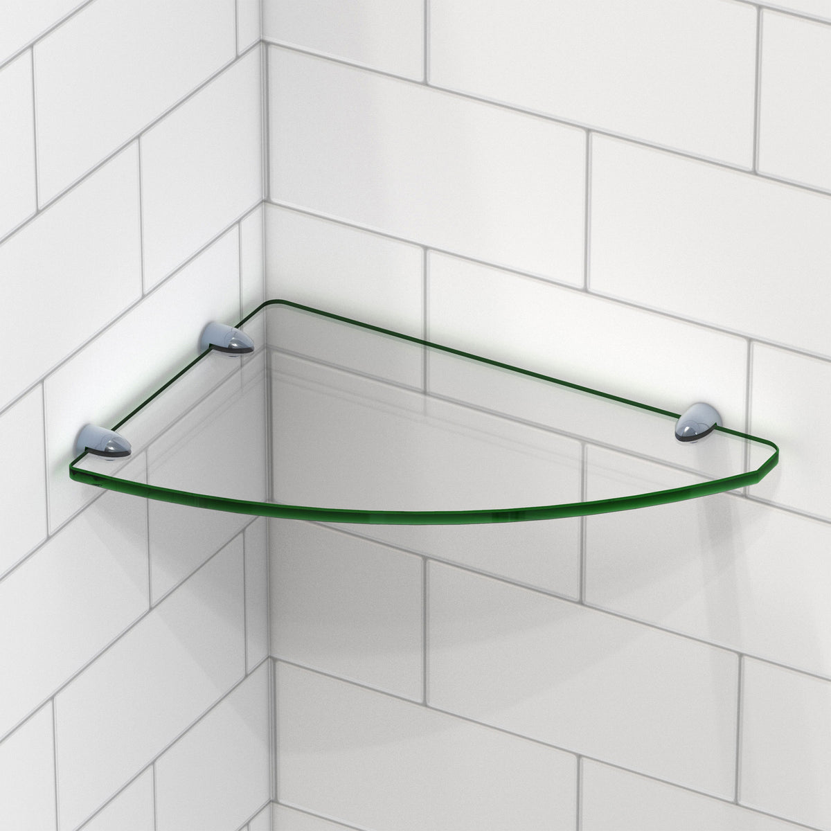 12 x 8 inch corner glass shelf installed wall to wall in a white tiled shower corner