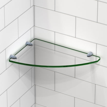 12 x 8 inch corner glass shelf installed wall to wall in a white tiled shower corner