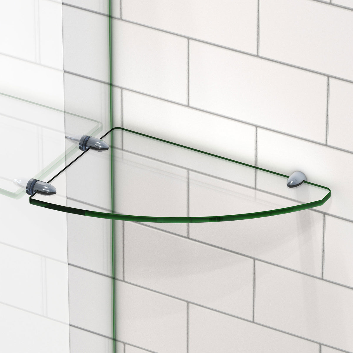12 x 8 inch corner glass shelf installed between a glass panel and a tiled wall