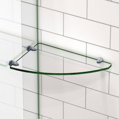 12 x 8 inch corner glass shelf installed between a glass panel and a tiled wall