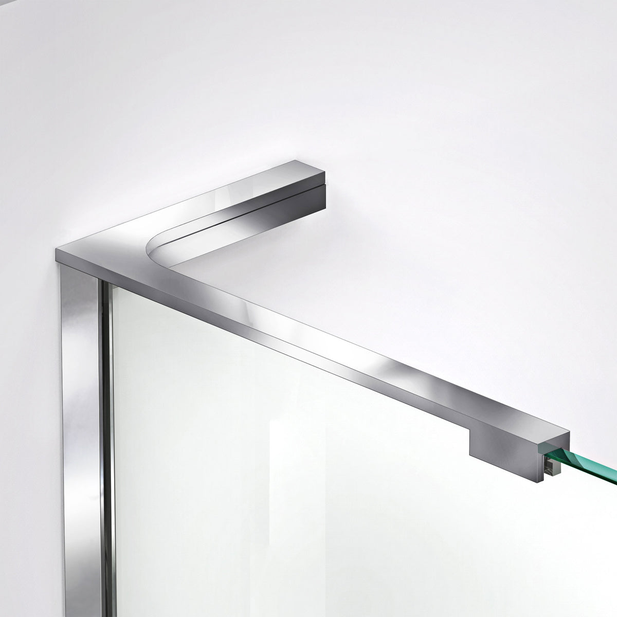 8 inch L-bar support bracket in Polished Chrome installed on 3/8 inch shower glass, left wall