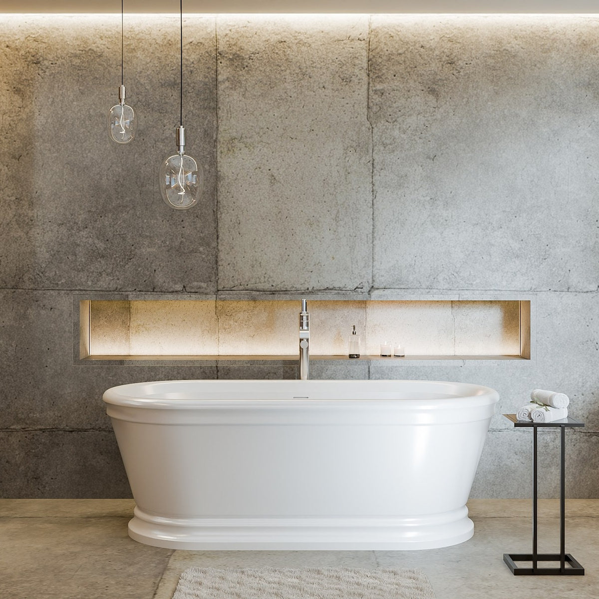 Abbey 67 inch freestanding acrylic bathtub in gloss white with Polished Chrome drain, shown in a styled setting