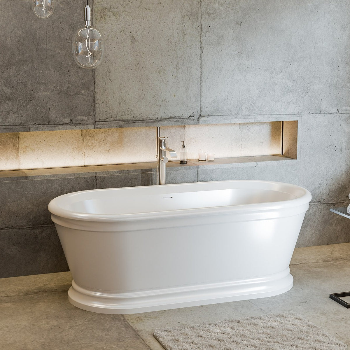 Abbey 67 inch freestanding acrylic bathtub in gloss white with Polished Chrome drain, shown in a styled setting