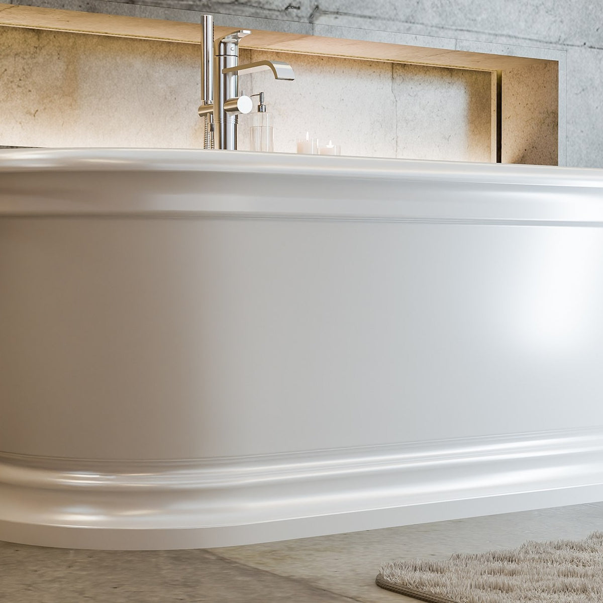 Abbey 67 inch freestanding acrylic bathtub in gloss white with Polished Chrome drain, shown in a styled setting
