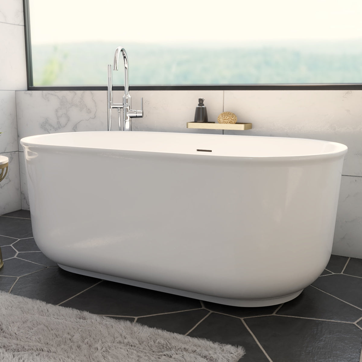 Alliance Pro 67 inch freestanding acrylic bathtub in gloss white with Polished Brass drain, shown in a styled setting
