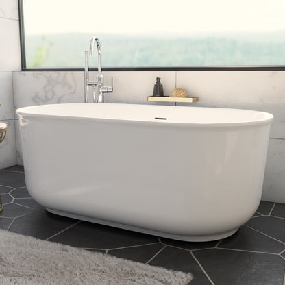 Alliance Pro 67 inch freestanding acrylic bathtub in gloss white with Polished Brass drain, shown in a styled setting