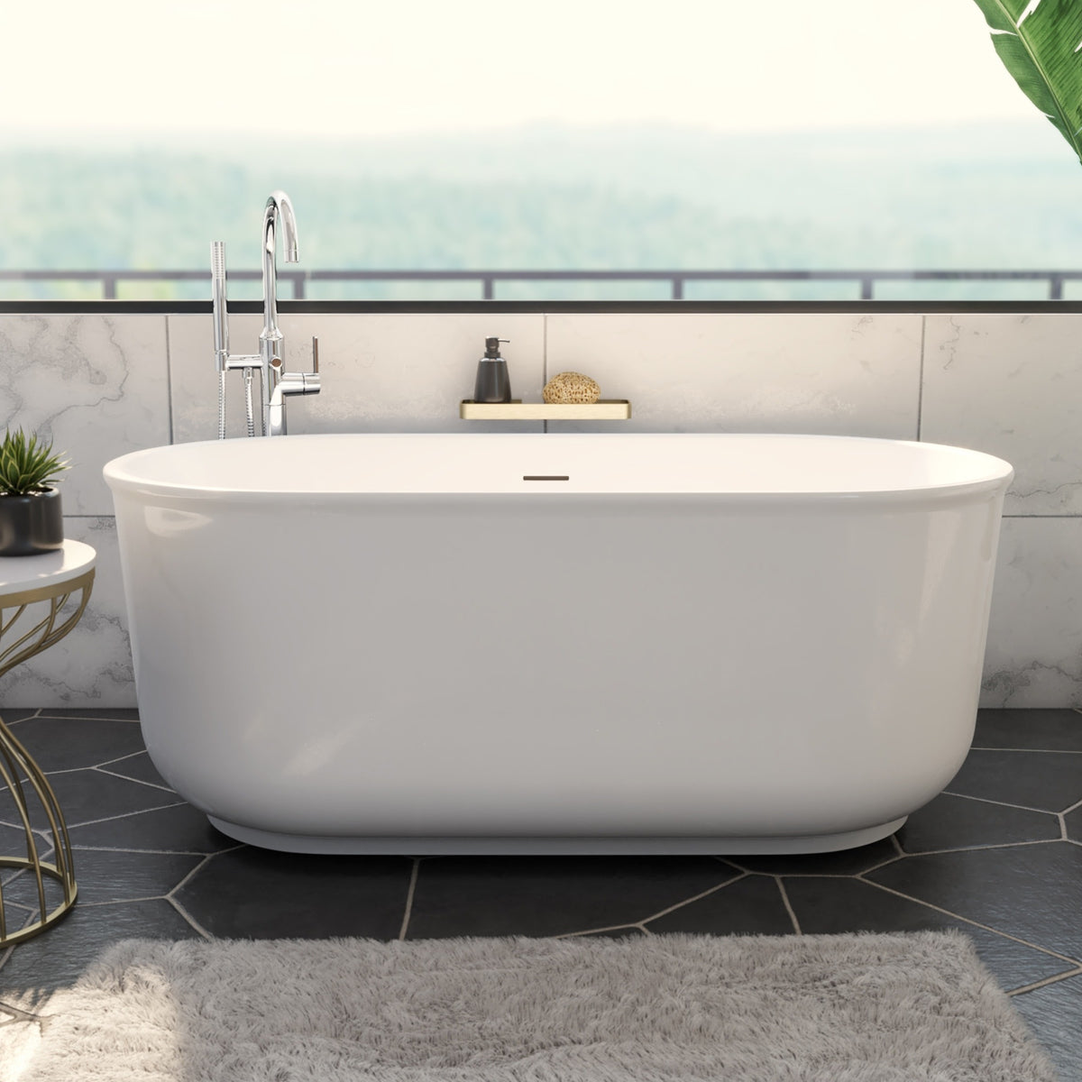 Alliance Pro 67 inch freestanding acrylic bathtub in gloss white with Polished Brass drain, shown in a styled setting