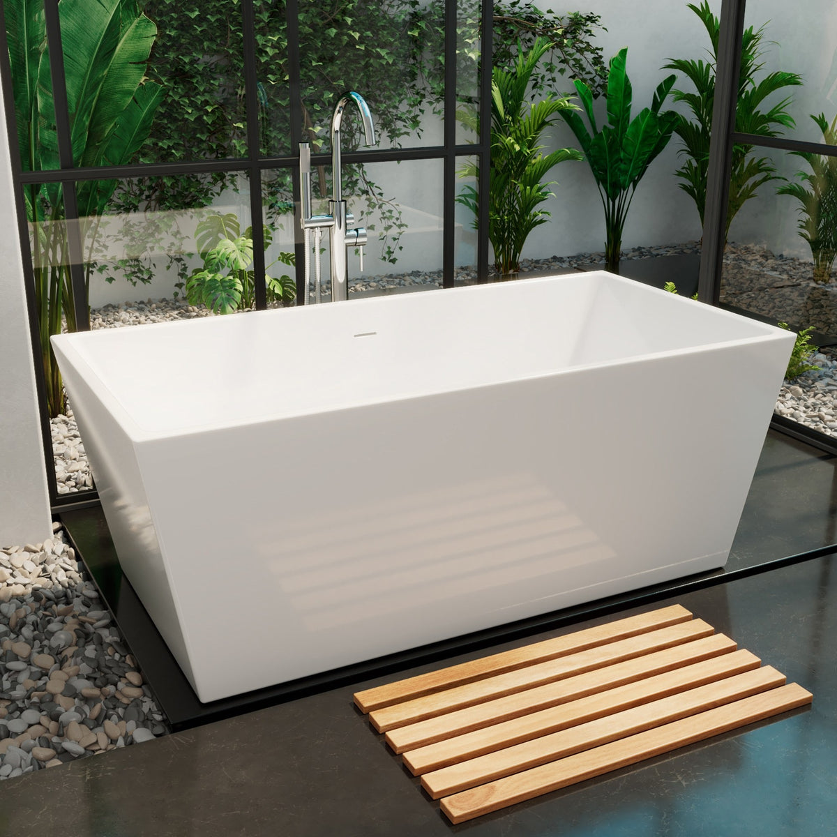 Allure 59 inch rectangular freestanding acrylic bathtub in gloss white with Matte Black drain, shown in a styled setting