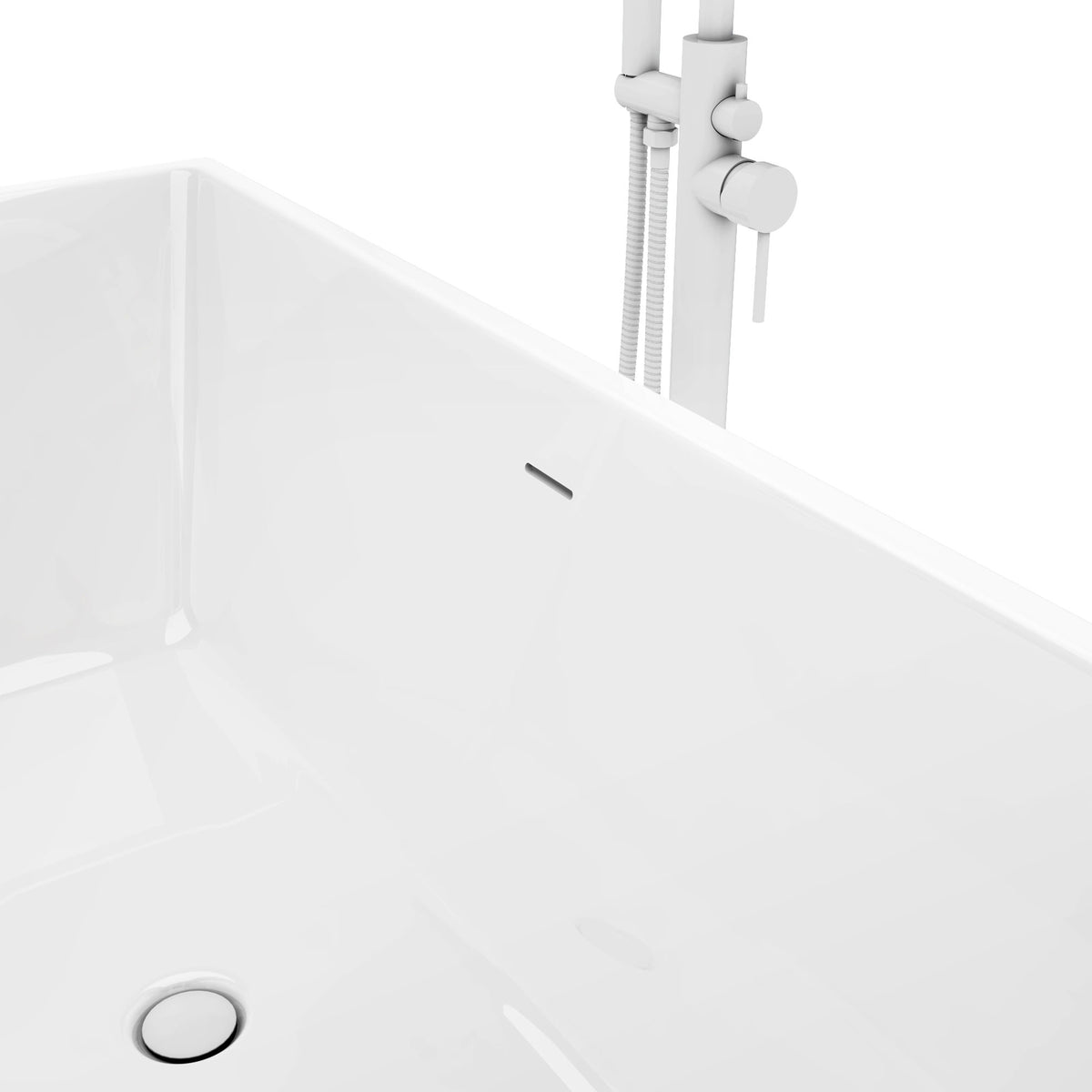 Allure 59 inch rectangular freestanding acrylic bathtub in gloss white, shown in a styled setting