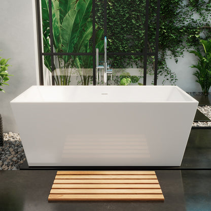 Allure 67 inch rectangular freestanding acrylic bathtub in gloss white, shown in a styled setting