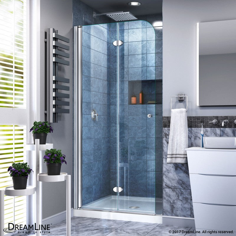 Aqua Frameless Bi-Fold Shower Door Kit with White Shower Base Pan