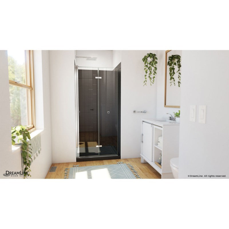 Aqua-Q Frameless Bi-Fold Shower Door Kit with Subway Style Wall and Black Shower Base Pan