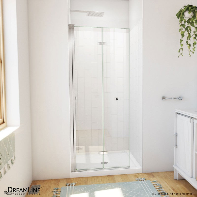 Aqua-Q Frameless Bi-Fold Shower Door Kit with Subway Style Wall and White Shower Base Pan