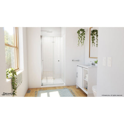 Aqua-Q Frameless Bi-Fold Shower Door Kit with Subway Style Wall and White Shower Base Pan