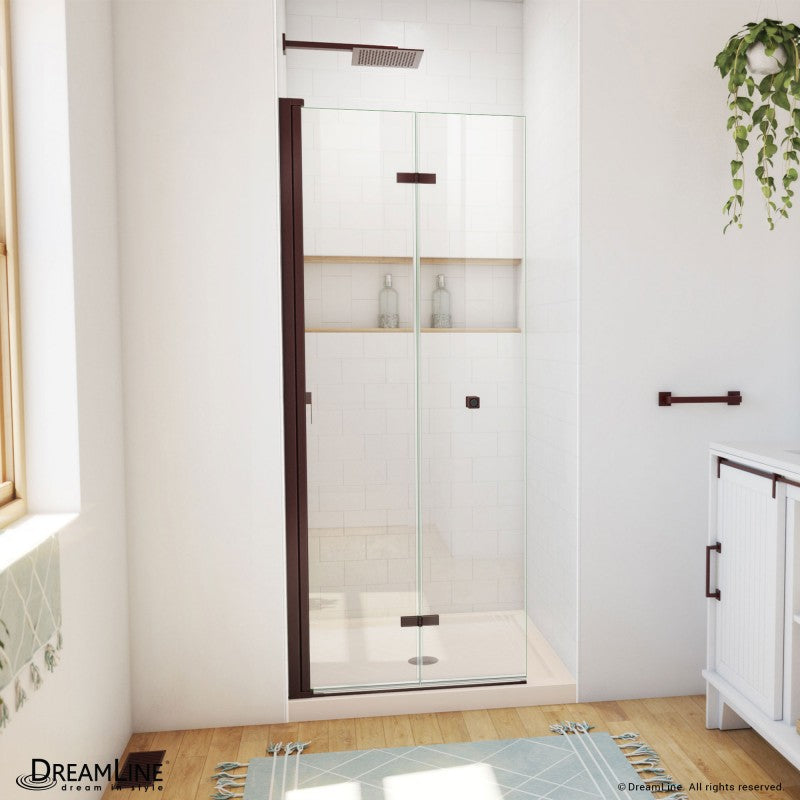 Aqua-Q Frameless Bi-Fold Shower Door Kit with Subway Style Wall, Storage Niche, and Biscuit Shower Base Pan