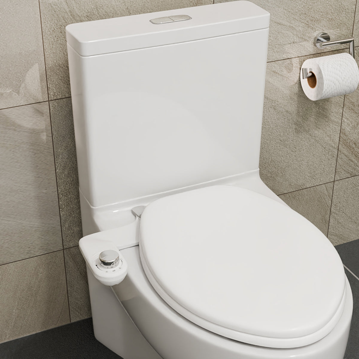 Aqua Swing non-electric bidet toilet attachment in White installed under the seat of a toilet with the side control knob