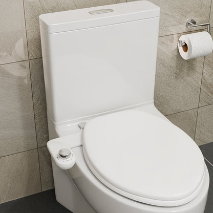 Aqua Swing non-electric bidet toilet attachment in White installed under the seat of a toilet with the side control knob
