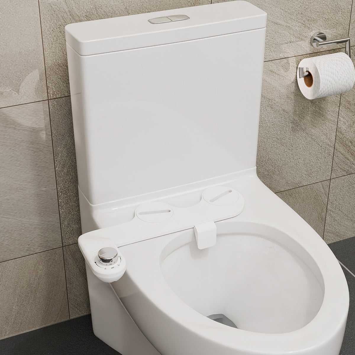 Aqua Swing non-electric bidet toilet attachment in White installed, shown with the toilet seat open