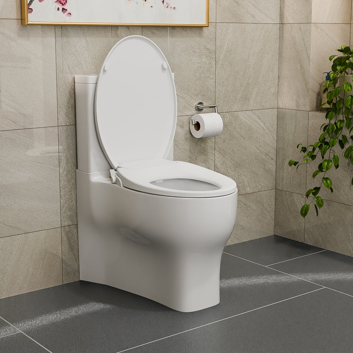 Aqua Swing non-electric bidet toilet seat in White installed with the lid open