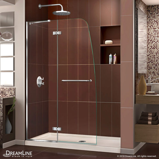 Aqua Ultra Frameless Hinged Shower Door Kit with Biscuit Shower Base Pan and Center Drain