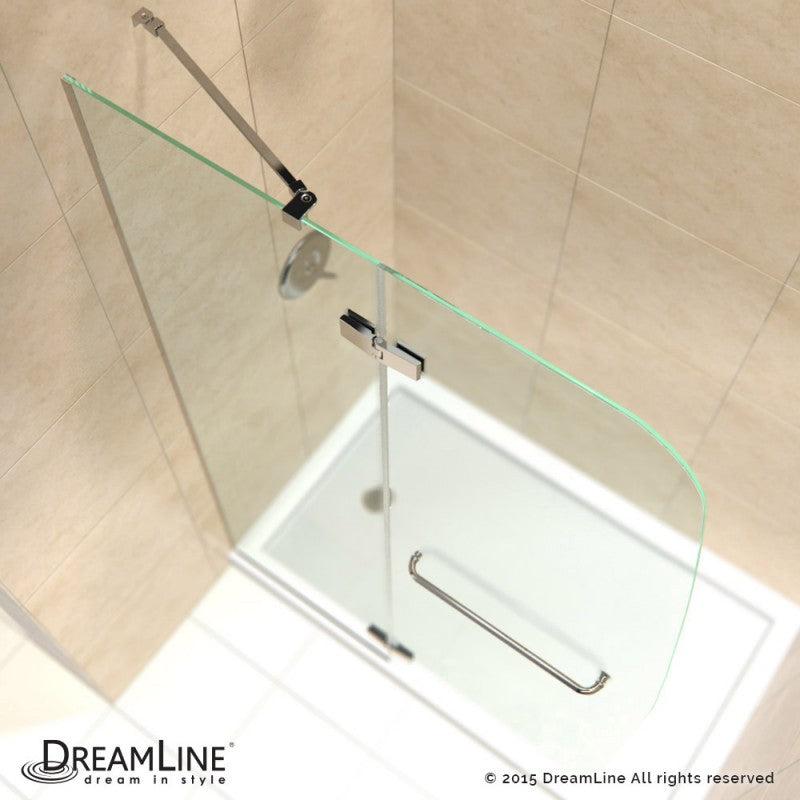 Aqua Ultra Frameless Hinged Shower Door Kit with Biscuit Shower Base Pan and Left Drain