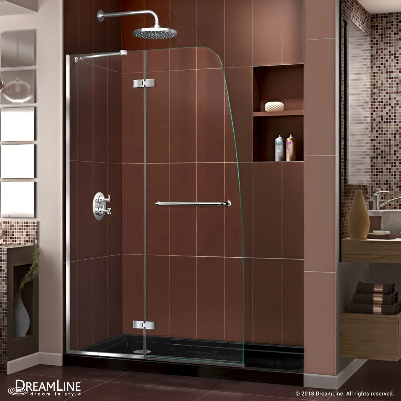 Aqua Ultra Frameless Hinged Shower Door Kit with Black Shower Base Pan and Left Drain