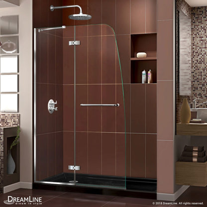 Aqua Ultra Frameless Hinged Shower Door Kit with Black Shower Base Pan and Left Drain