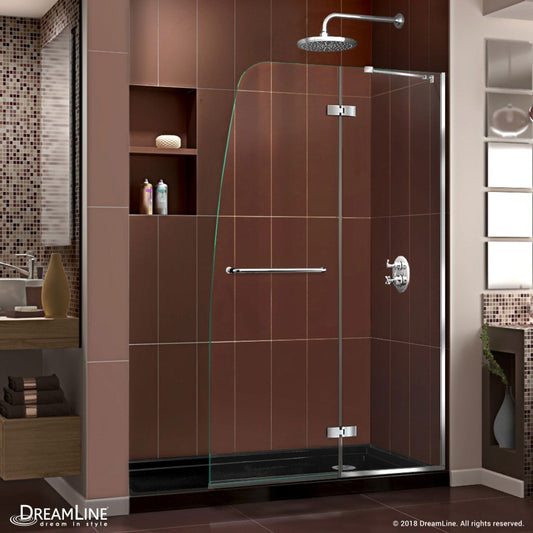 Aqua Ultra Frameless Hinged Shower Door Kit with Black Shower Base Pan and Right Drain