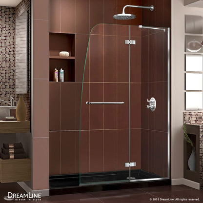 Aqua Ultra Frameless Hinged Shower Door Kit with Black Shower Base Pan and Right Drain