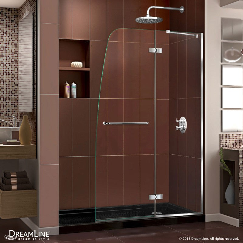 Aqua Ultra Frameless Hinged Shower Door Kit with Black Shower Base Pan and Right Drain