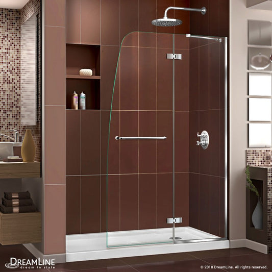 Aqua Ultra Frameless Hinged Shower Door Kit with White Shower Base Pan and Right Drain