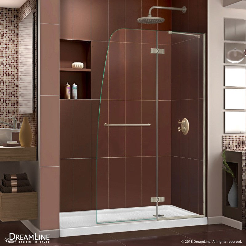 Aqua Ultra Frameless Hinged Shower Door Kit with White Shower Base Pan and Right Drain