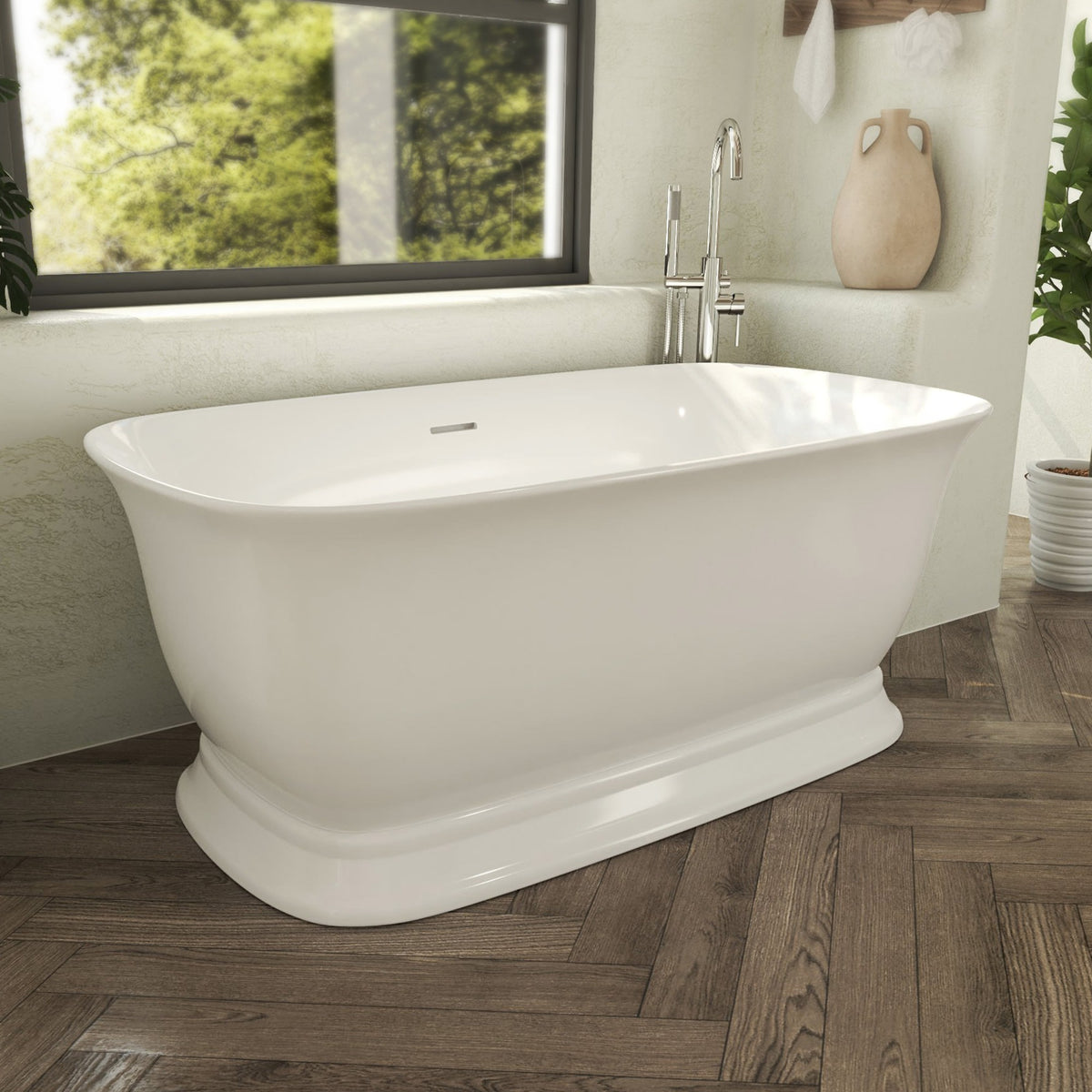 Ascend 59 inch freestanding acrylic bathtub in gloss white with Brushed Nickel drain, shown in a styled setting