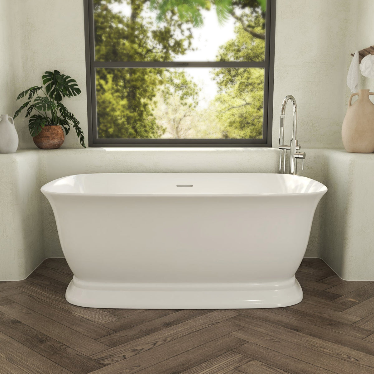 Ascend 59 inch freestanding acrylic bathtub in gloss white with Brushed Nickel drain, shown in a styled setting