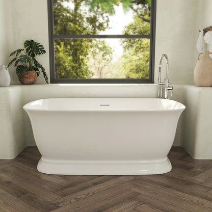 Ascend 59 inch freestanding acrylic bathtub in gloss white with Brushed Nickel drain, shown in a styled setting