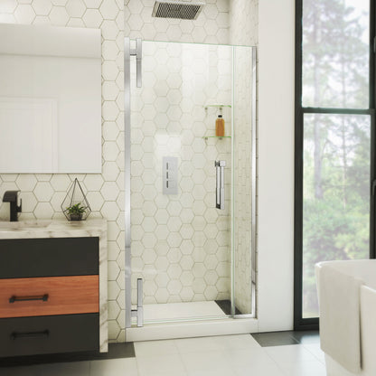 Ascend frameless pivot shower door with inline panel in Polished Chrome, 32 to 41 1/2 inch width, 3/8 inch clear glass, shown in a bathroom