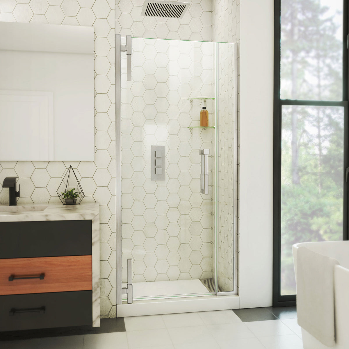 Ascend frameless pivot shower door with inline panel in Brushed Nickel, 32 to 41 1/2 inch width, 3/8 inch clear glass, shown in a bathroom