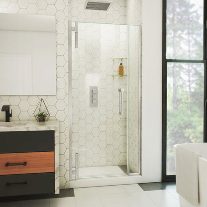 Ascend frameless pivot shower door with inline panel in Brushed Nickel, 32 to 41 1/2 inch width, 3/8 inch clear glass, shown in a bathroom