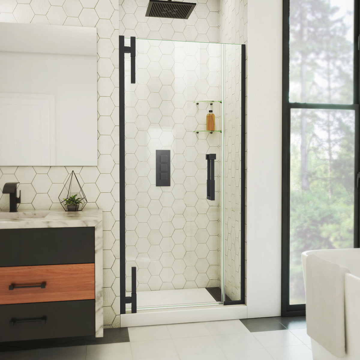 Ascend frameless pivot shower door with inline panel in Satin Black, 32 to 41 1/2 inch width, 3/8 inch clear glass, shown in a bathroom