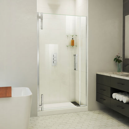 Ascend frameless pivot shower door with inline panel in Polished Chrome, 32 to 41 1/2 inch width, 3/8 inch clear glass, shown in a bathroom