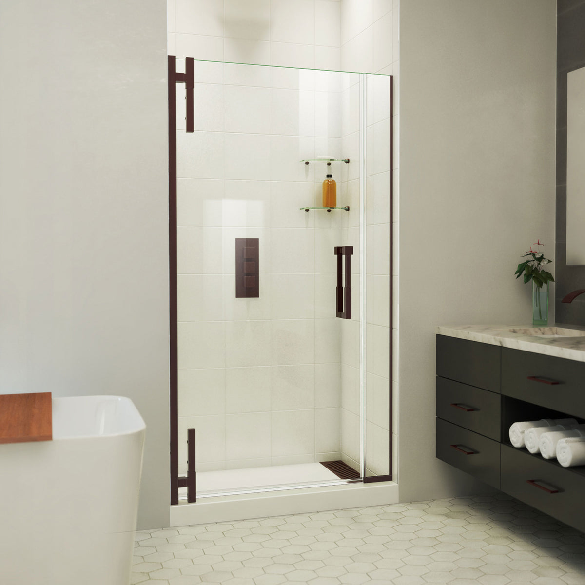 Ascend frameless pivot shower door with inline panel in Oil Rubbed Bronze, 32 to 41 1/2 inch width, 3/8 inch clear glass, shown in a bathroom