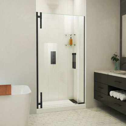 Ascend frameless pivot shower door with inline panel in Satin Black, 32 to 41 1/2 inch width, 3/8 inch clear glass, shown in a bathroom
