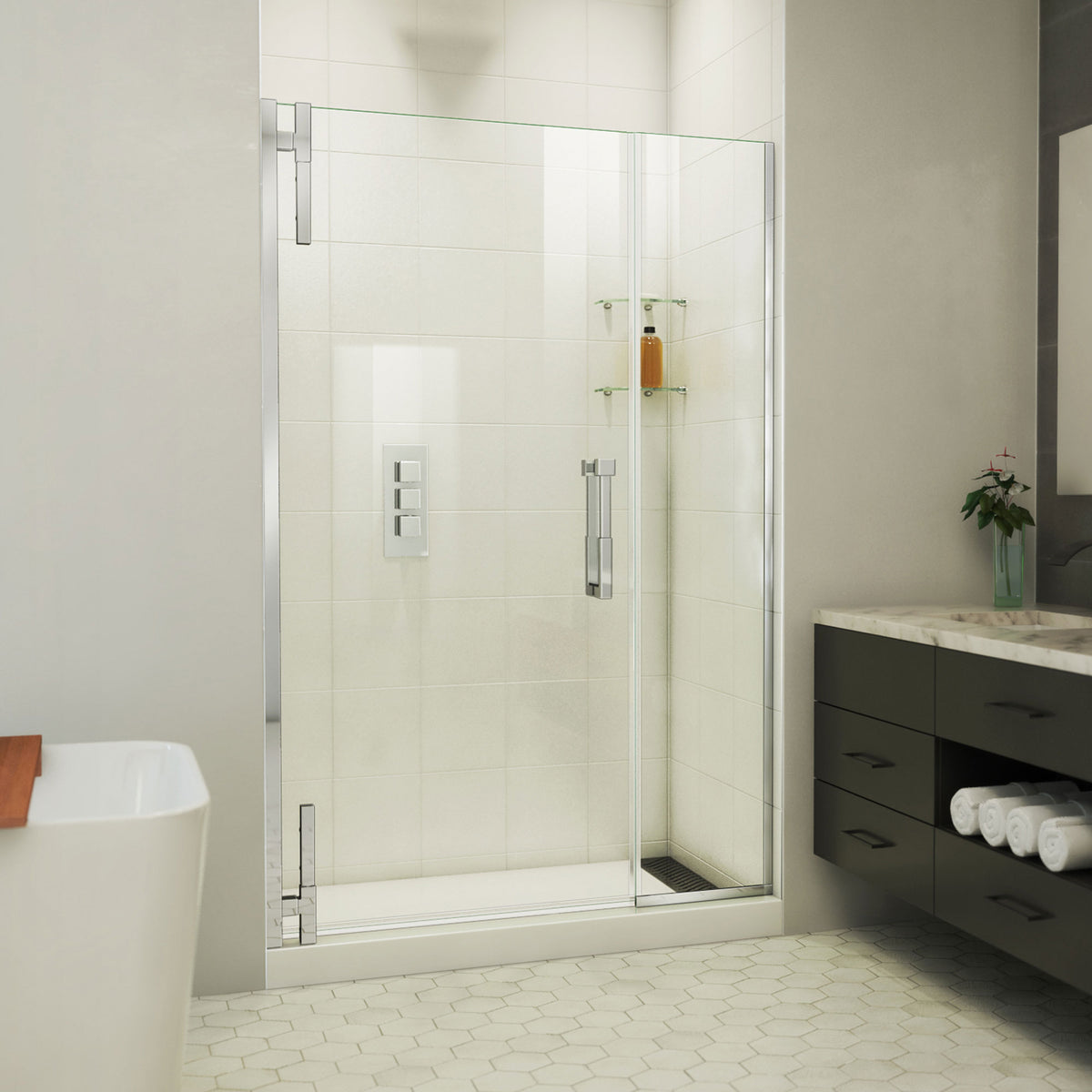 Ascend frameless pivot shower door with inline panel in Polished Chrome, 40 to 49 1/2 inch width, 3/8 inch clear glass, shown in a bathroom