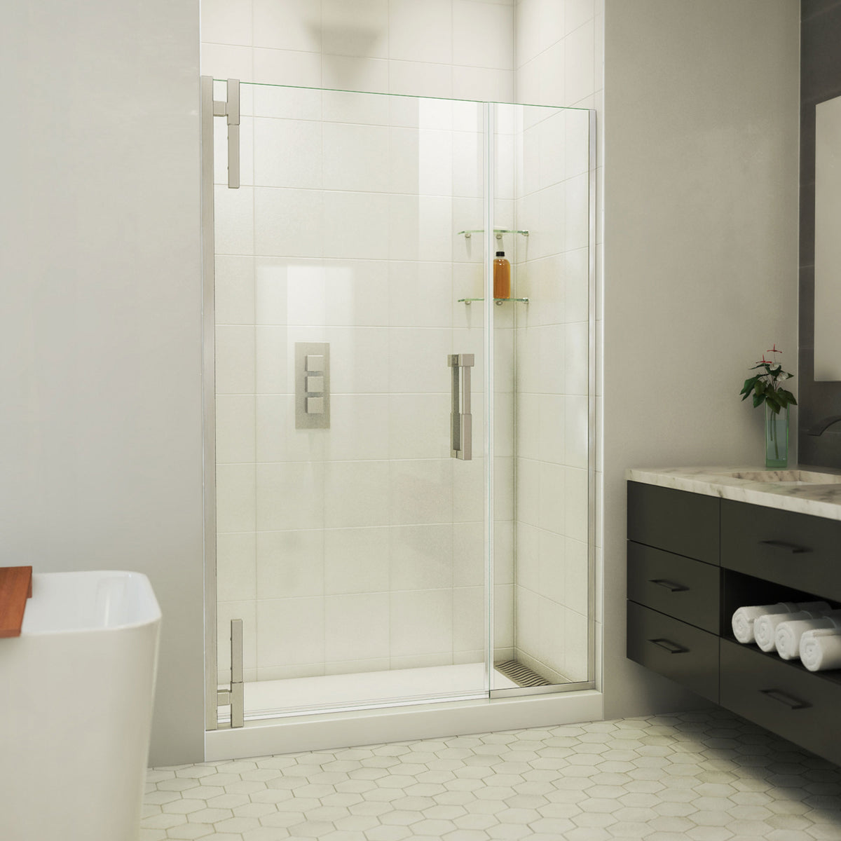Ascend frameless pivot shower door with inline panel in Brushed Nickel, 40 to 49 1/2 inch width, 3/8 inch clear glass, shown in a bathroom